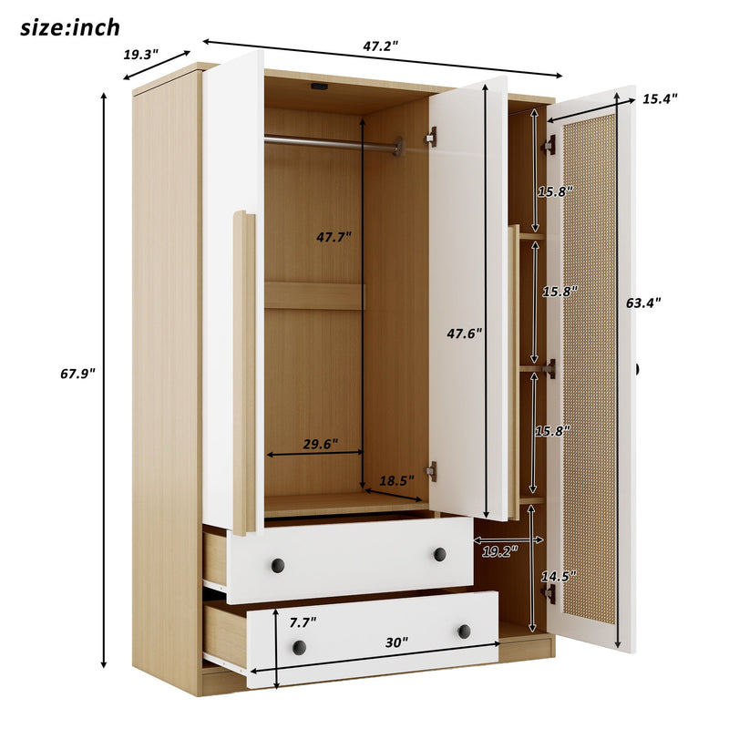 3 Doors Rattan Wardrobe Storage For Bedroom, With 2 Drawers