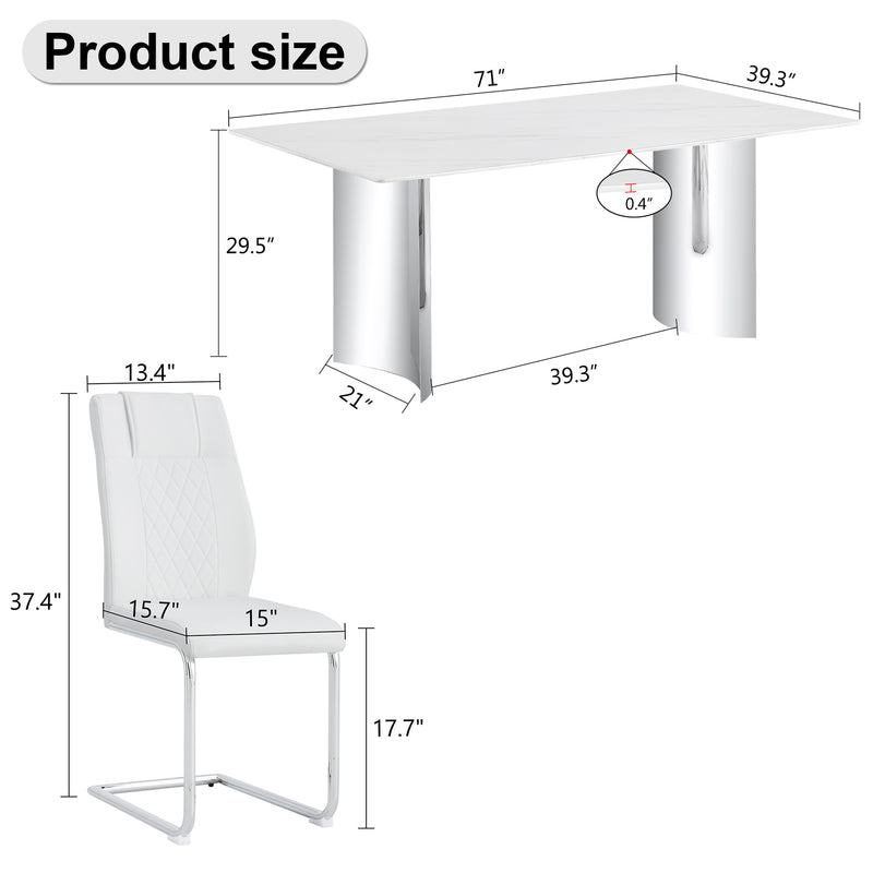 Table and chair set, modern and minimalist dining table. Imitation marble glass sticker desktop, stainless steel legs, stable and beautiful. Comfortable PU seats. DT-69