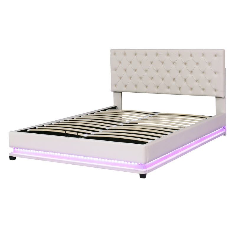 Queen Size Storage Upholstered Platform Bed with Adjustable Tufted Headboard and LED Light, Beige