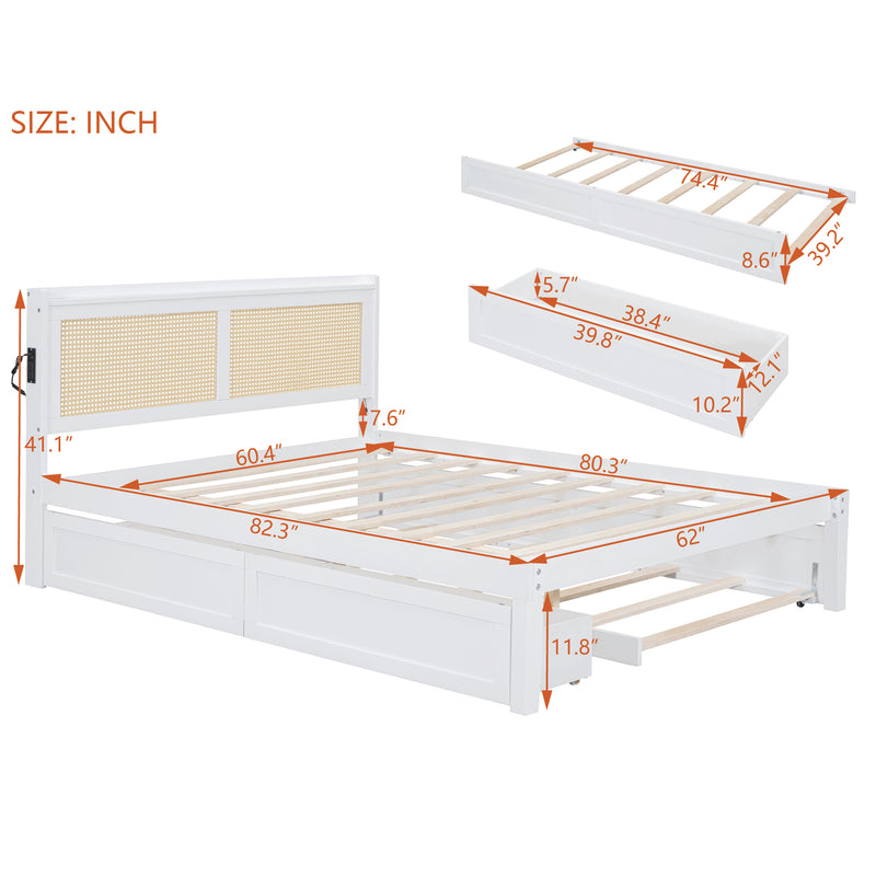 Queen Size Elegant Bed Frame with Rattan Headboard and Sockets ,White