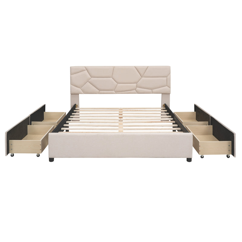 Queen Size Upholstered Platform Bed with Brick Pattern Headboard and 4 Drawers, Linen Fabric, Beige