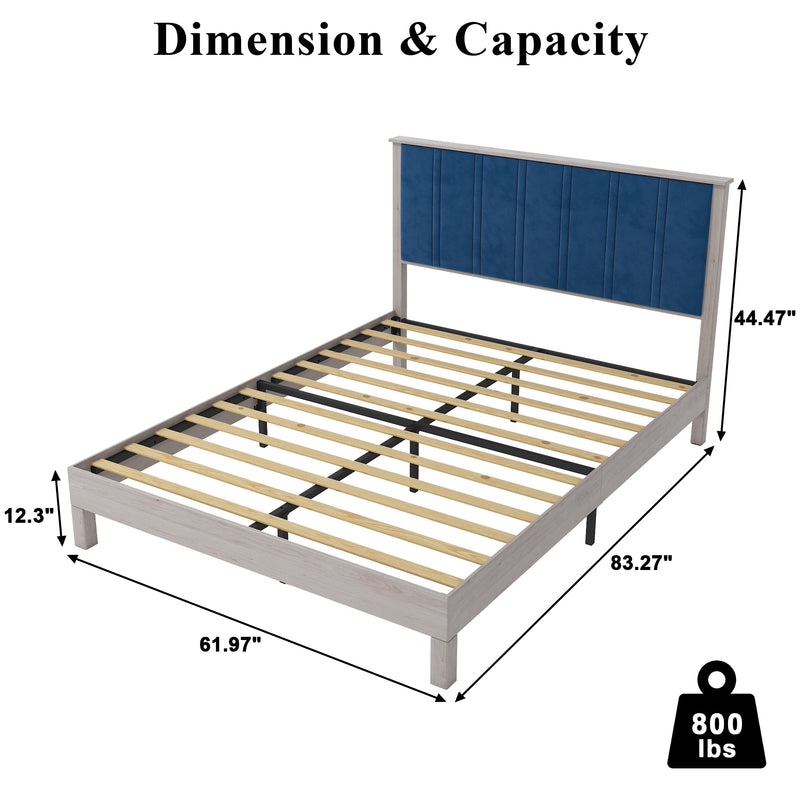 Queen Bed Frame, Wood with Wood Headboard Bed Frame with upholstered headboard /  Wood Foundation with Wood Slat Support / No Box Spring Needed / Easy Assembly