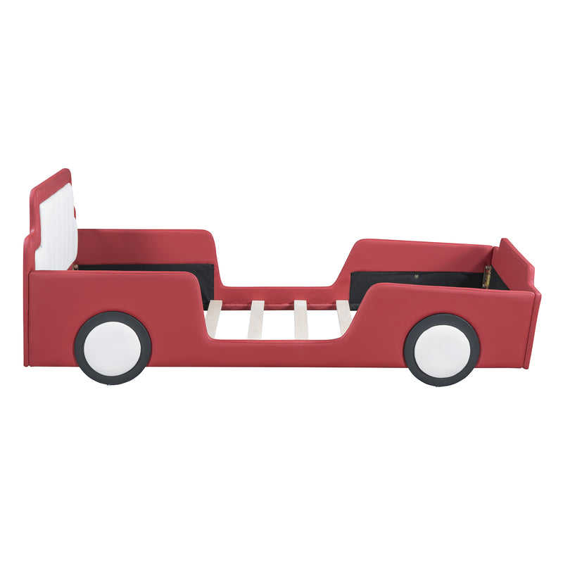 Twin Size Race Car-Shaped Platform Bed with Wheels,Red