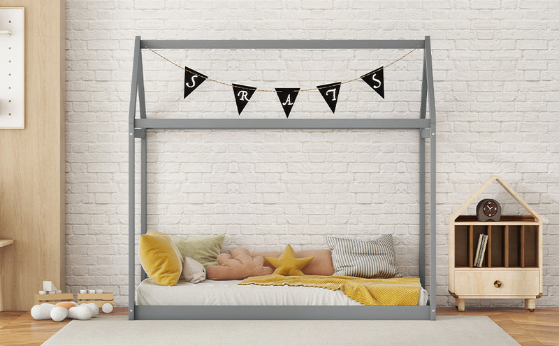 Twin Size Wooden House Bed, Gray