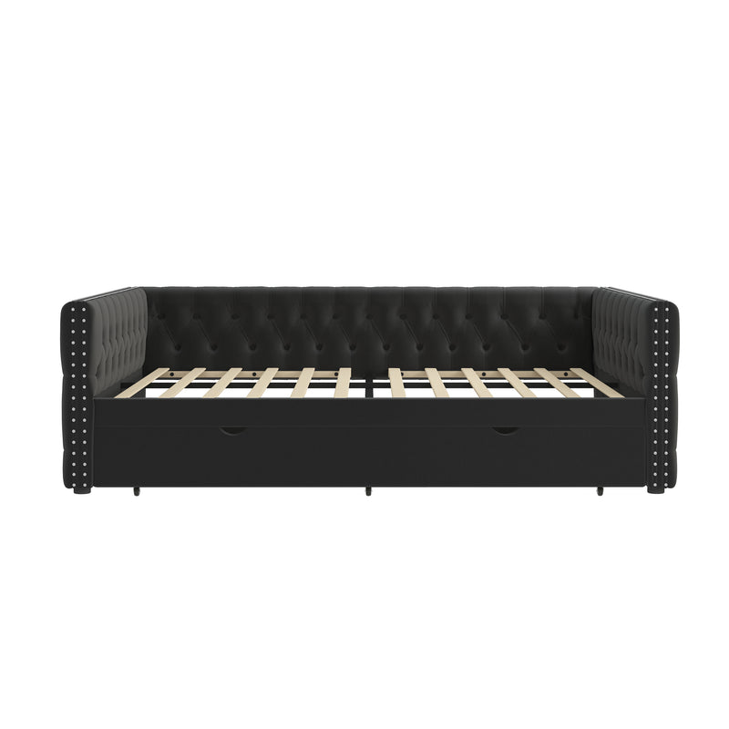 Daybed with Trundle Velvet Upholstered Tufted Sofa Bed, with Button and Copper Nail onSquare Arms,Full Daybed & Twin Trundle-  For Bedroom, Living Room, Guest Room,(83"x57"x26")