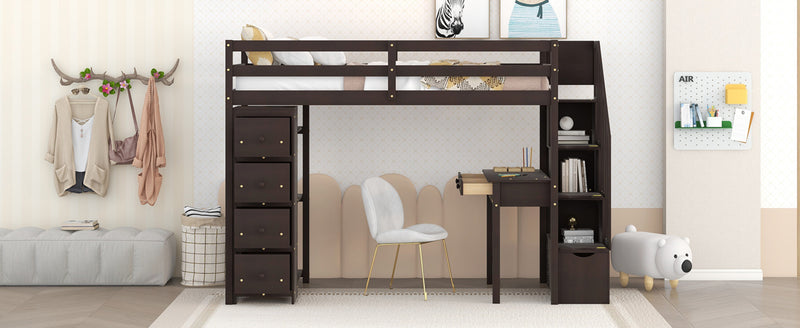 Twin size Loft Bed with Storage Drawers ,Desk and Stairs, Wooden Loft Bed with Shelves - Espresso