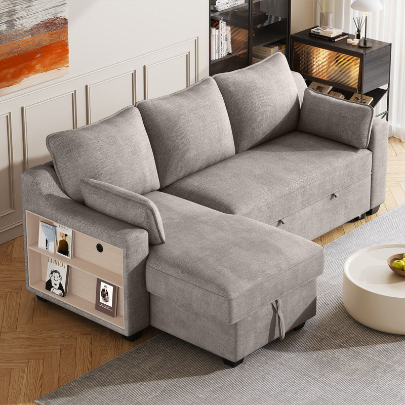 Pull Out Sleeper Sofa L-Shaped Couch Convertible Sofa Bed With Storage Chaise, Storage Racks And USB Ports