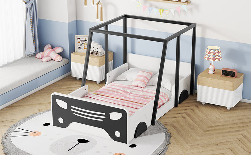 Twin Size Car-shaped Bed with Roof,Wooden Twin Floor Bed with wheels and door Design,Montessori Inspired Bedroom,Black