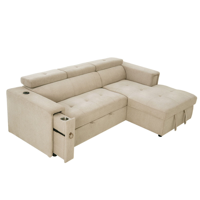 Multi-Functional Pull-Out Sofa Bed L-Shape Sectional Sofa With Adjustable Headrest, Wireless Charging, Cup Holders And Hidden Storage For Living Room