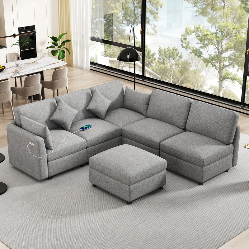 Sectional Sofa Modular Sofa U - Shaped Sofa Couch Sofa Bed L - Shaped Sofa With A Movable Ottoman And Two USB Ports For Living Room