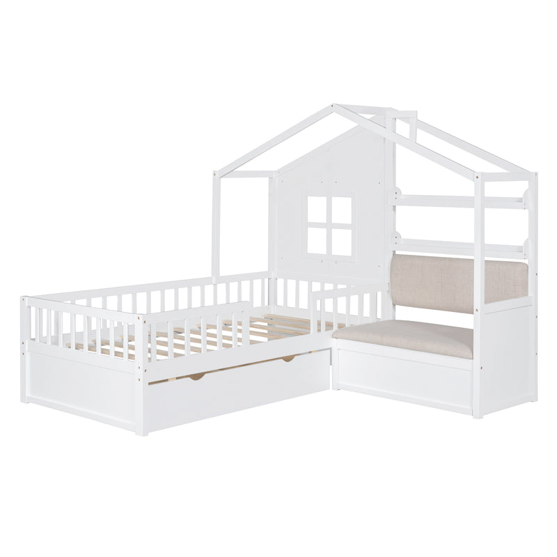 Twin Size House Bed with Sofa, Kids Platform Bed with Two Drawers and Storage Shelf, White