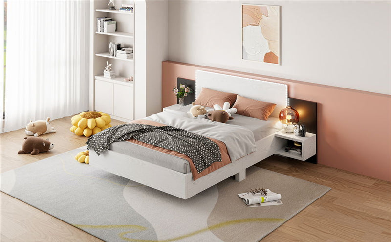 Floating Platform Bed, With LED Lights, Bedside Nightstand