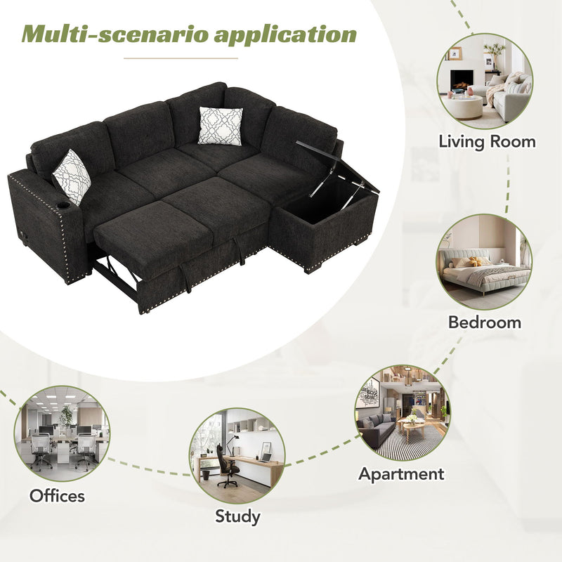 Sectional Pull-Out Sofa Bed L-Shaped Corner Sofa Couch With Storage Chaise, USB Ports, Power Sockets, Cup Holder For Living Room, Bedroom, Study