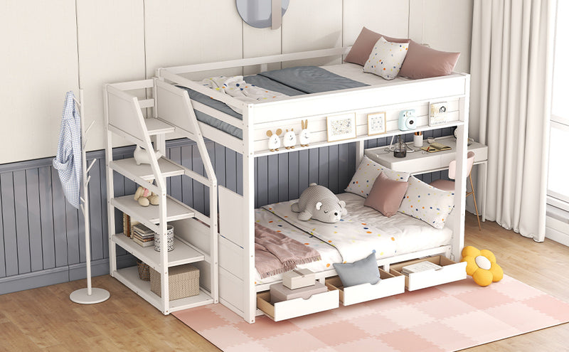 Wood Full Size Convertible Bunk Bed with Storage Staircase, Bedside Table, and 3 Drawers, White