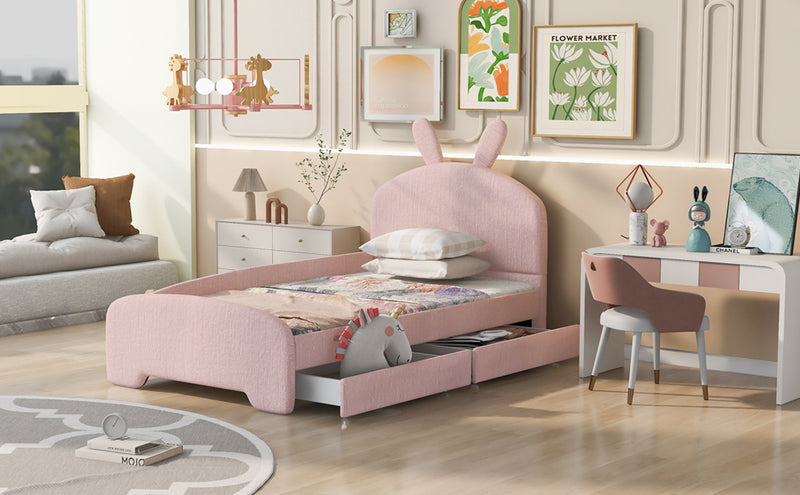 Twin Size Upholstered Platform Bed with Cartoon Ears Shaped Headboard and 2 Drawers, Pink