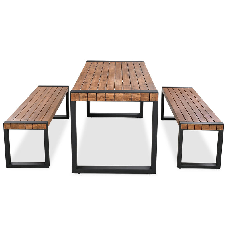 3 Pieces Outdoor Dining Table With 2 Benches, Patio Dining Set With Unique Top Texture, Acacia Wood Top & Steel Frame, All Weather Use, For Outdoor & Indoor - Natural