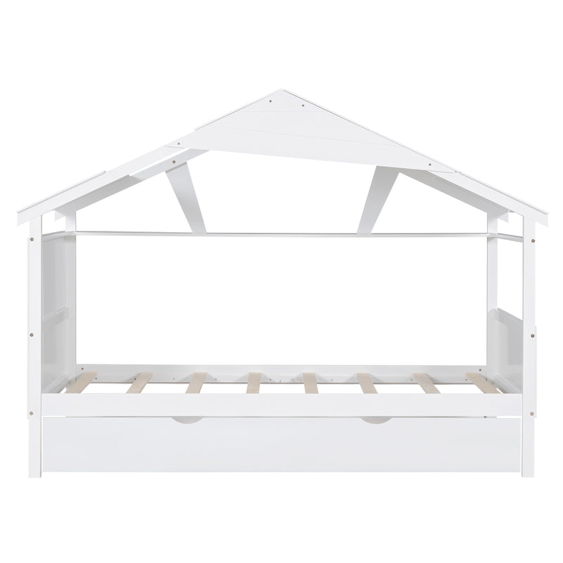 Wood Twin Size House Bed with Trundle and Storage, White