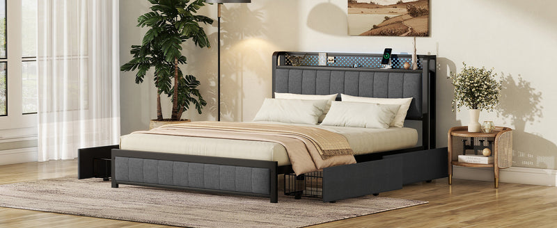 Queen Bed Frame with LED Headboard, Upholstered Bed with 4 Storage Drawers and USB Ports, Dark Grey