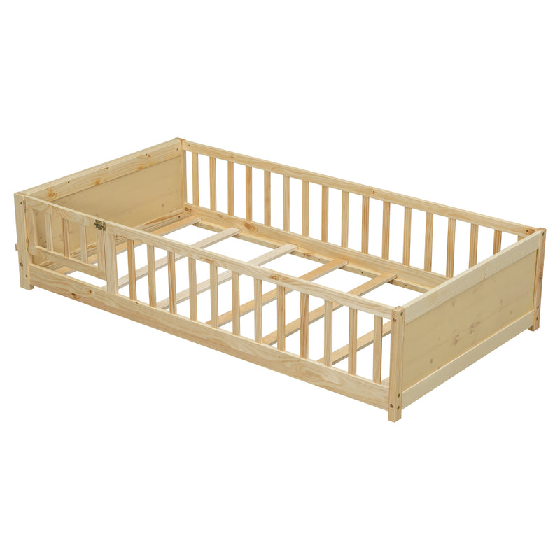 Twin size Floor Platform Bed with Built-in Book Storage Rack, Door,Natural