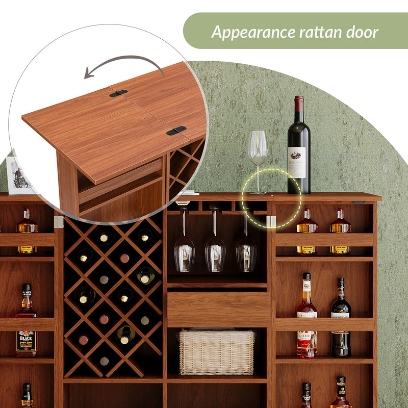 Home Bar Cabinet, Industrial Rattan Door Fold Out Bar Cabinet With Storage Bar Table - Walnut