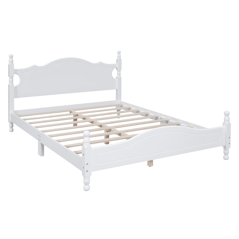 Queen Size Wood Platform Bed Frame,Retro Style Platform Bed with Wooden Slat Support,White