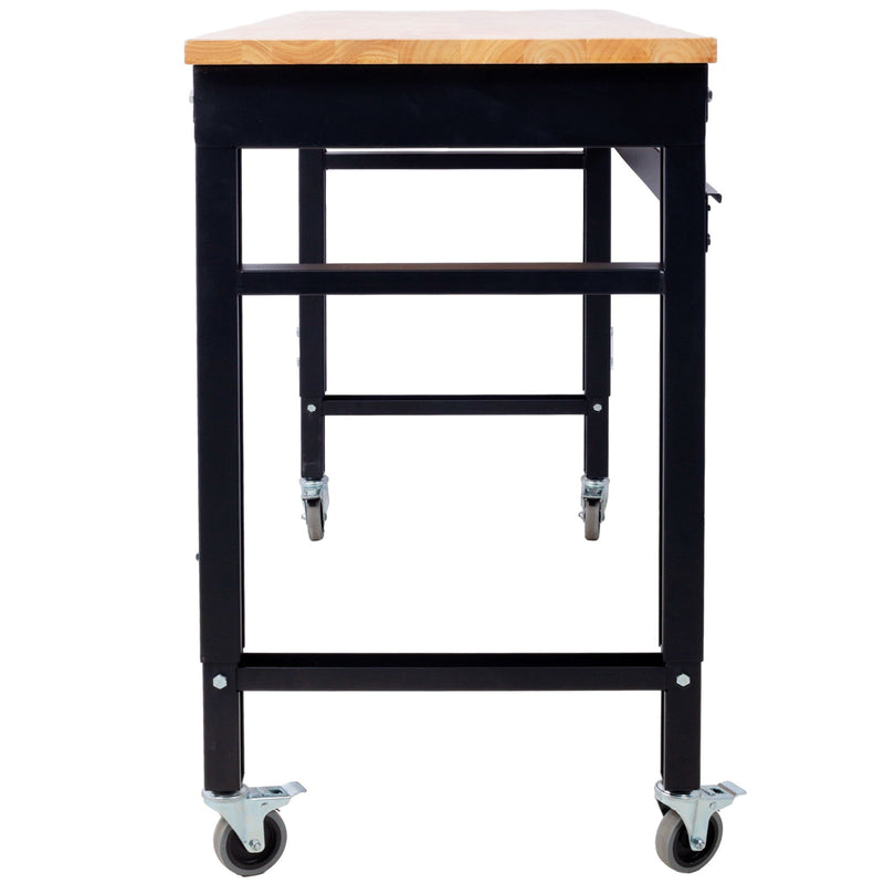 Wide Rolling Workbench For Garage, Adjustable Height, Workshop Tool Bench, Metal With Rubber Wood Top