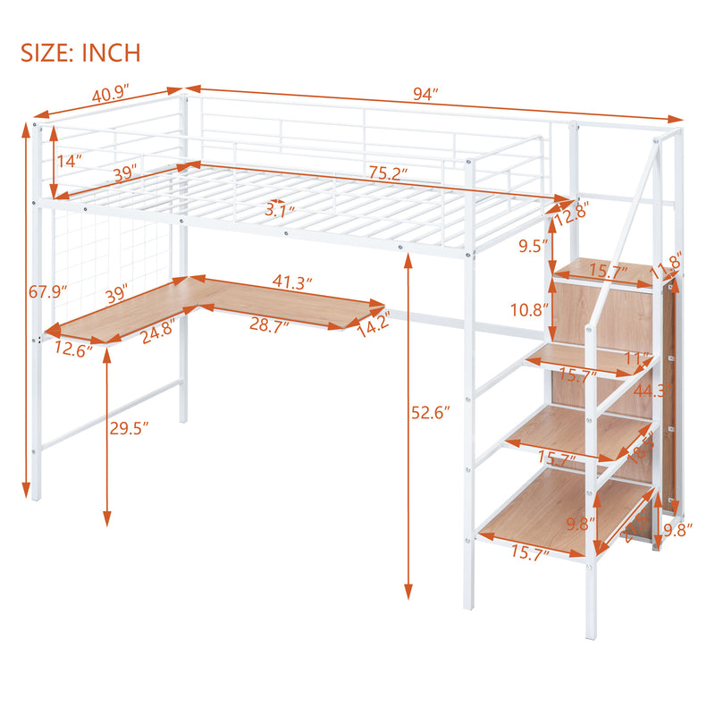 Twin Size Metal Loft Bed with Desk and Metal Grid, Stylish Metal Frame Bed with Lateral Storage Ladder and Wardrobe, White