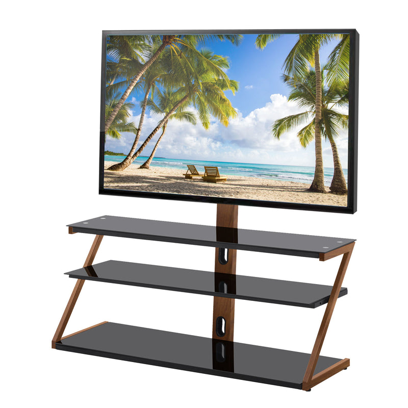 Tempered Glass Height Adjustable Universal Swivel Glass Floor Media Storage Stand With Mount Heat-Transferred Printing Metal Tube, Walnut / Black - Walnut / Black