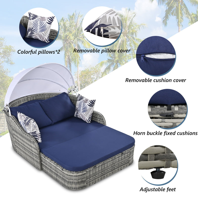 Outdoor Sunbed With Adjustable Canopy, Daybed With Pillows, Double Lounge, PE Rattan Daybed