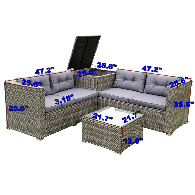 4 Piece Patio Sectional Wicker Rattan Outdoor Furniture Sofa Set With Storage Box - Gray