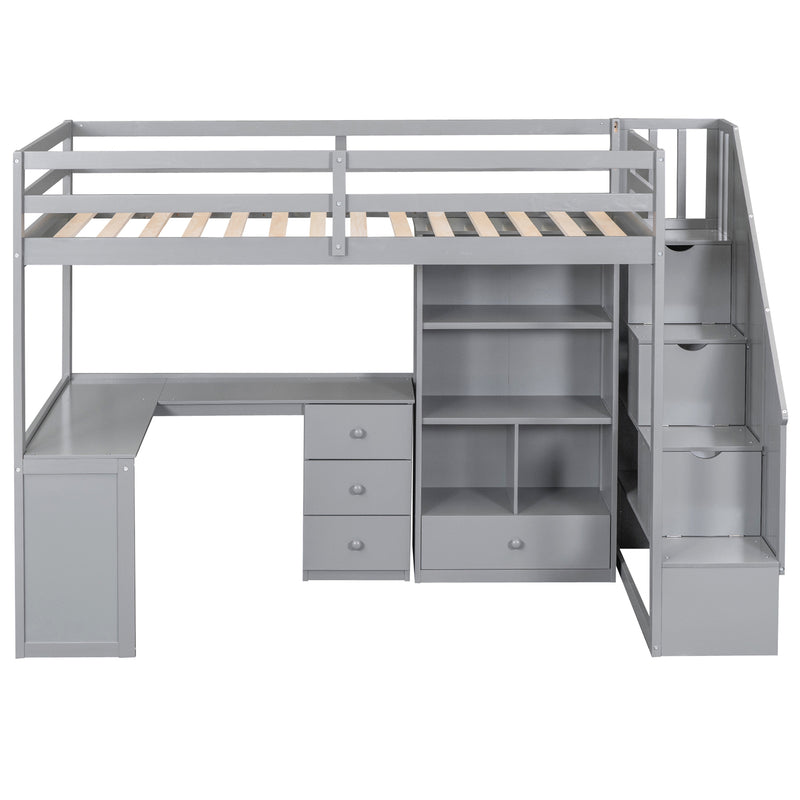 Twin Size Loft Bed with L-Shaped Desk and Drawers, Cabinet and Storage Staircase, Gray