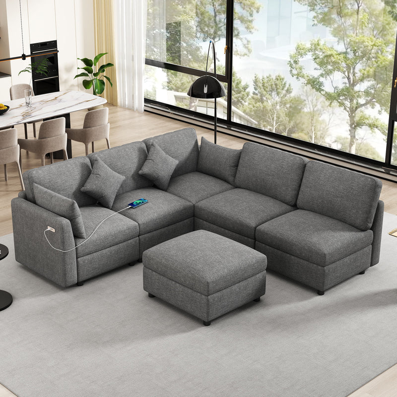 Sectional Sofa Modular Sofa U - Shaped Sofa Couch Sofa Bed L - Shaped Sofa With A Movable Ottoman And Two USB Ports For Living Room