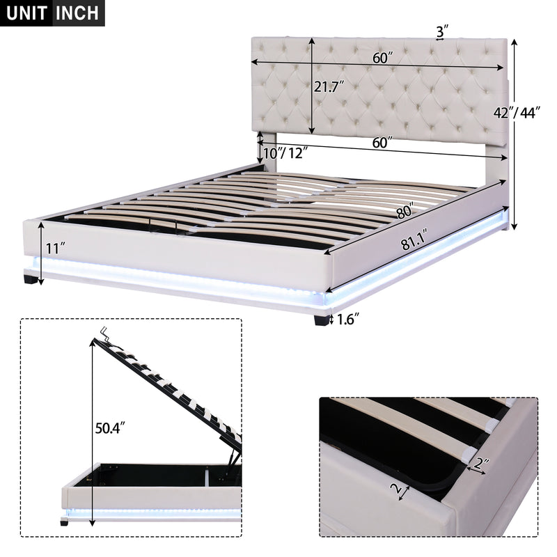 Queen Size Storage Upholstered Platform Bed with Adjustable Tufted Headboard and LED Light, Beige