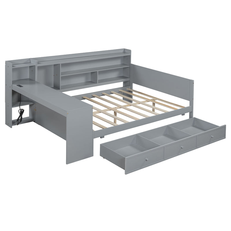 Wooden Daybed With 3 Drawers, USB Ports And Desk