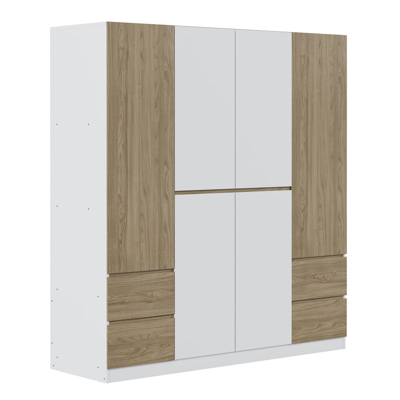 6 Doors Wardrobe Storage For Bedroom, With 4 Drawers - White / Nature