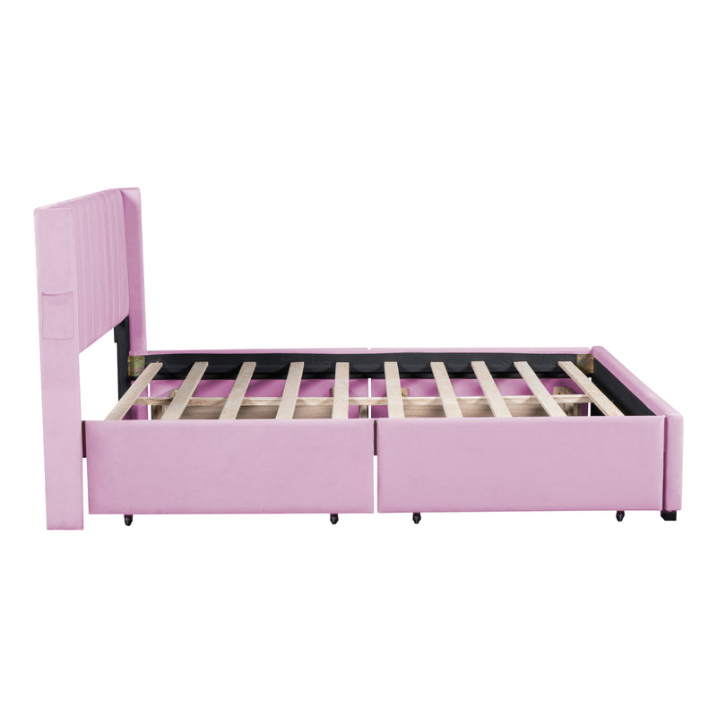 Queen Size Upholstered Bed with 4 Drawers, Pink