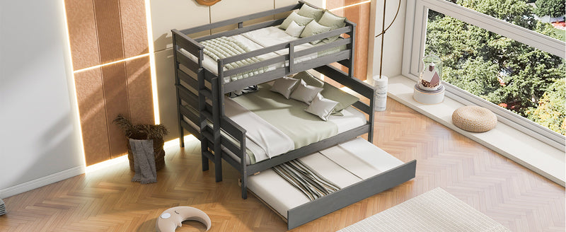 Wood Twin over Full Bunk Bed with Twin Size Trundle, Gray