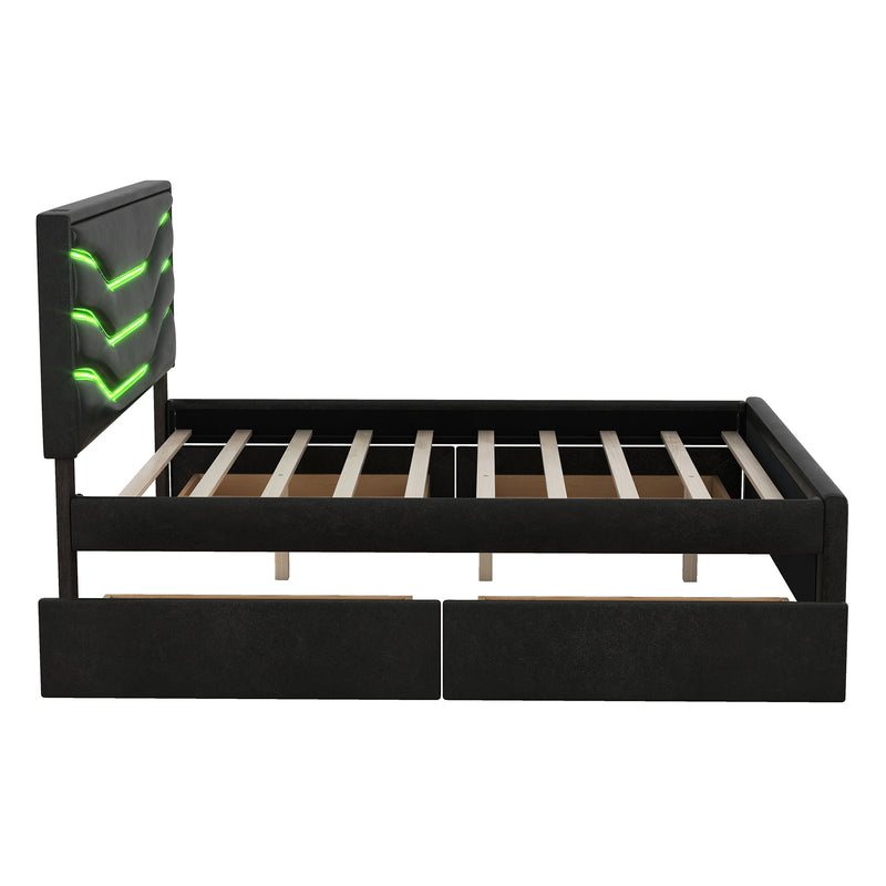 Queen Size Upholstered Storage Platform Bed with LED, 4 Drawers and USB Charging, Black