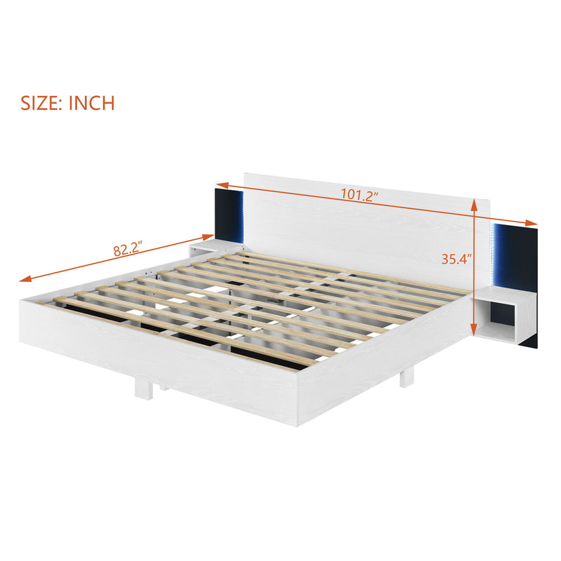 Floating Platform Bed, With LED Lights, Bedside Nightstand