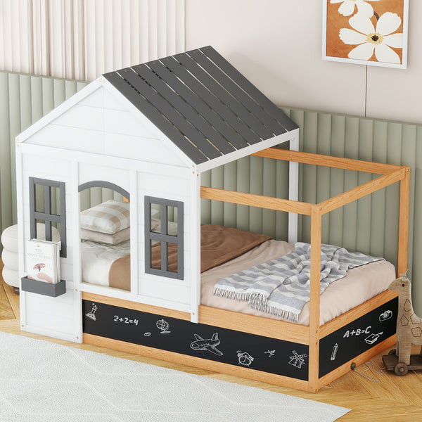 Twin Size House Shaped Canopy Bed with Black Roof and White Window,Blackboard and Little Shelf, White(Old SKU: WF294051AAK)