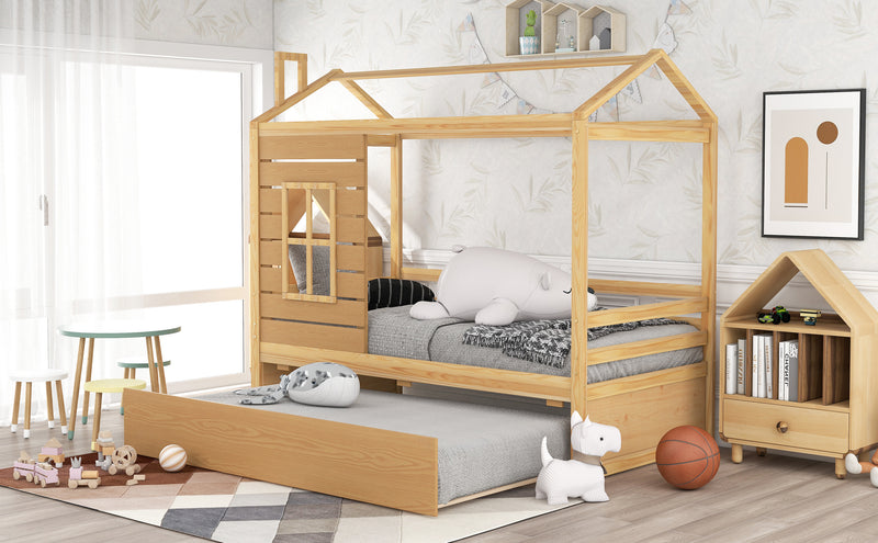 Twin Size House Bed Wood Bed with Twin Size Trundle ( Natural )