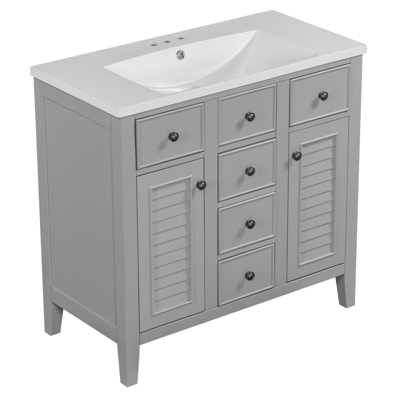 Bathroom Vanity With Ceramic Basin, Two Cabinets And Five Drawers, Solid Wood Frame, Gray