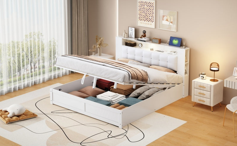 Queen Size Tufted Upholstered Platform Bed  with Storage Headboard and Hydraulic Storage System, Modern PU Storage Bed with Motion Activated Night Lights and USB Charger,White