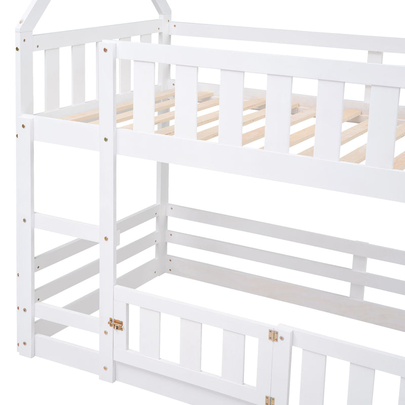 Twin Over Twin House Bunk Bed With Fence And Door - Gray