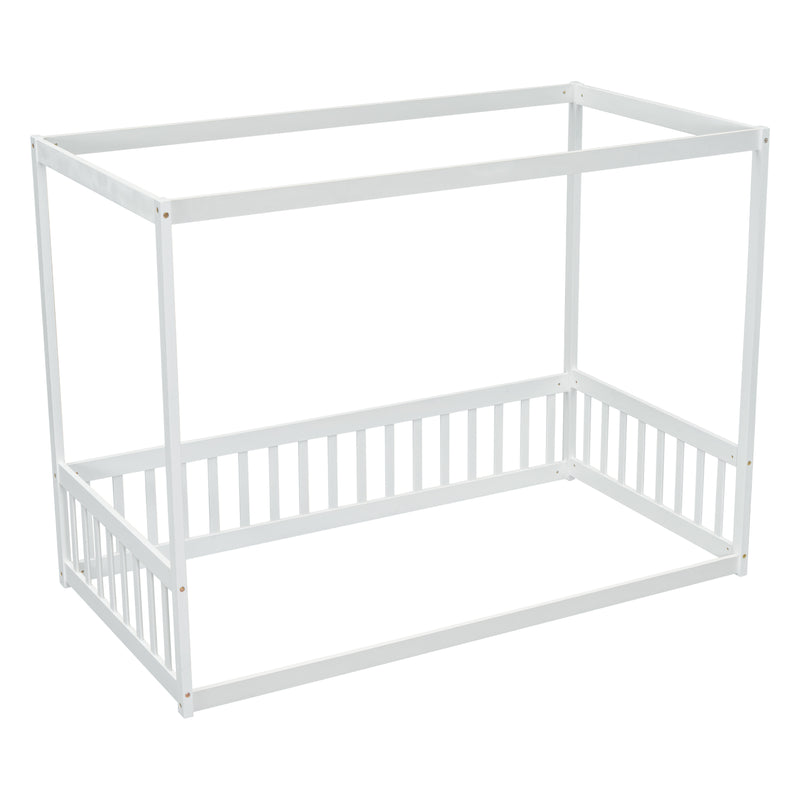 Twin Size Canopy Frame Floor Bed with Fence, Guardrails,White