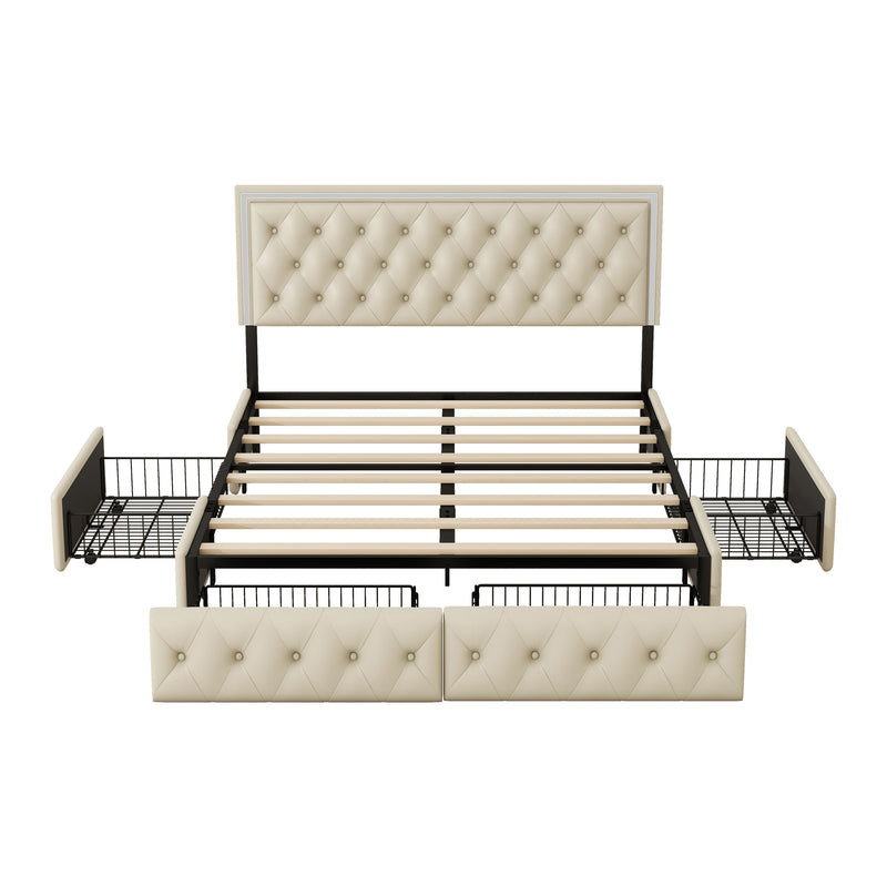 Queen Upholstered Bed Frame with 4 Storage Drawers, PU Leather Platform Bed with LED Headboard, No Box Spring Needed, Beige