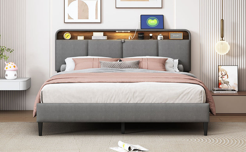 Queen size Upholstered Platform Bed with Storage Headboard, Sensor Light and a set of Sockets and USB Ports, Linen Fabric, Gray