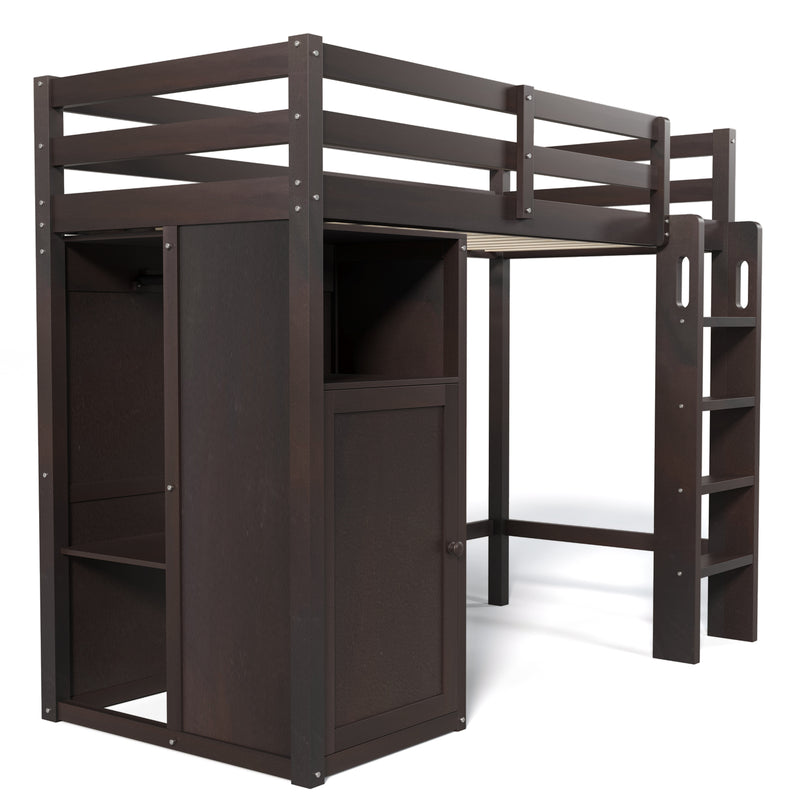 Twin Loft Bed with Wardrobe, Storage Shelves and Ladder, Espresso