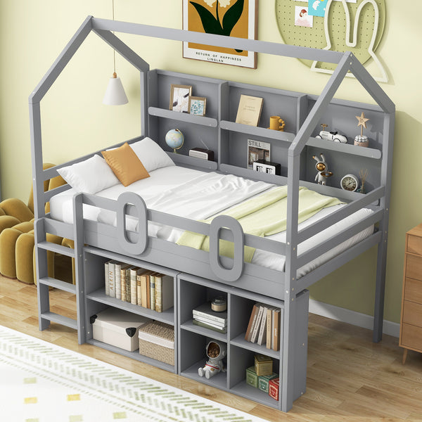 Twin Size House Loft Bed with Multiple Storage Shelves, Grey