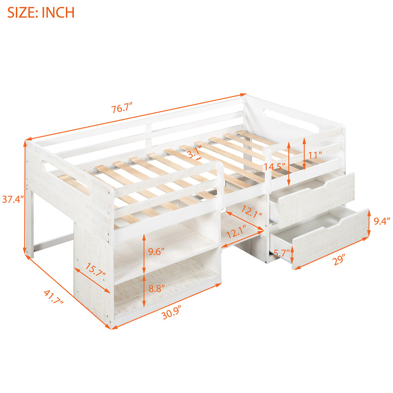 Twin size Loft Bed with Two Shelves and Two drawers (Antique White)